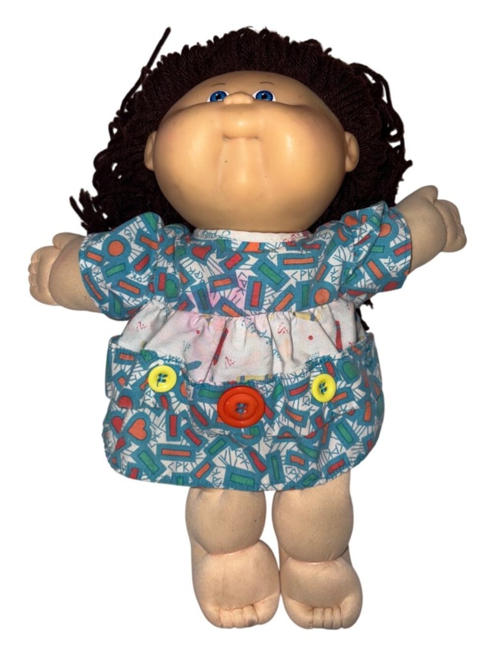 Cabbage Patch Kids Vintage Doll With Brown Yarn Hair & Colorful Dress READ